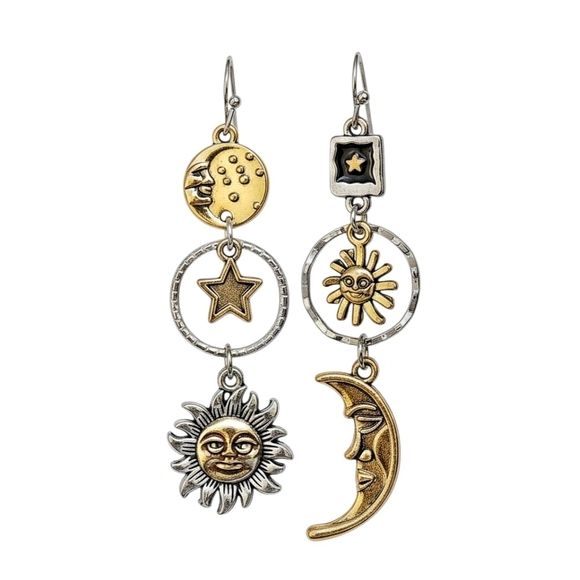 Boho Gypsy Sisters Jewelry - Sun Moon Boho Earrings Dangle Stainless Steel Jewelry Celestial Boheme Gold